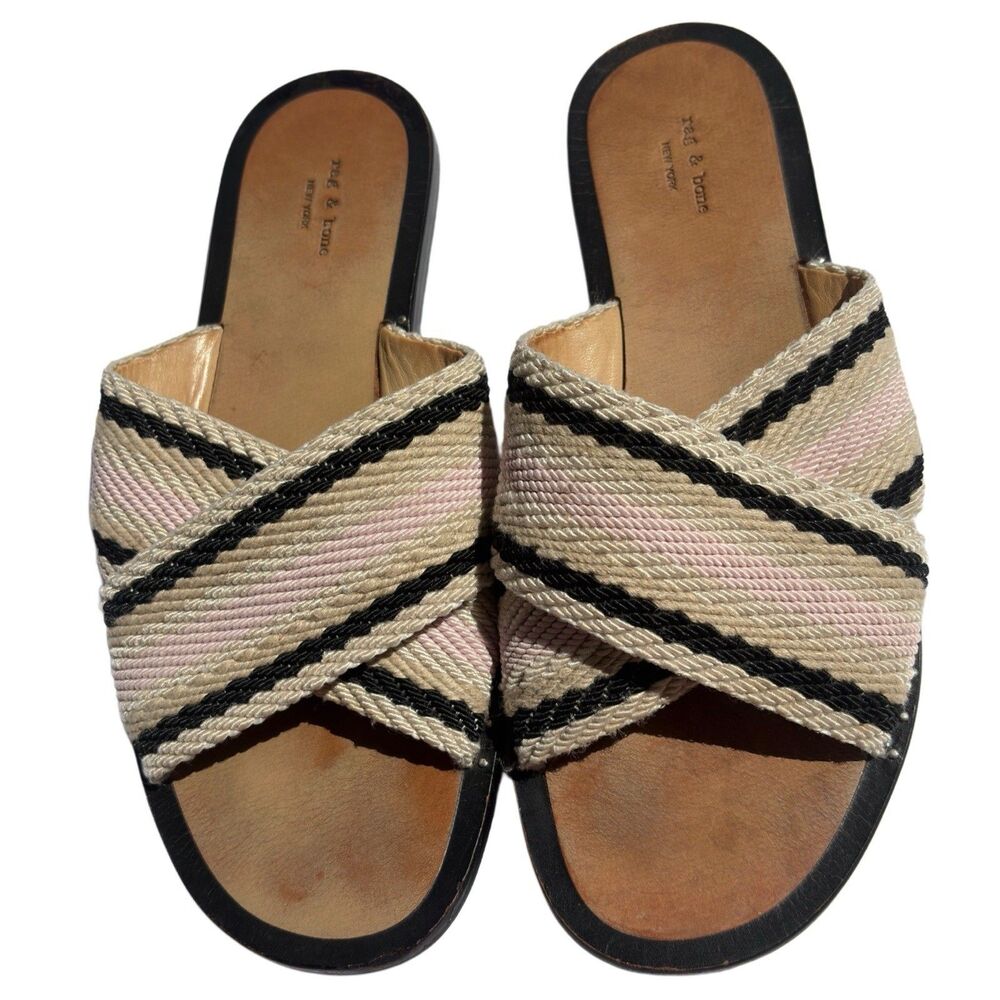 Rag & Bone Keaton Sandals Size 37 Slide Slip-on Crisscross Pink Beige Stripe